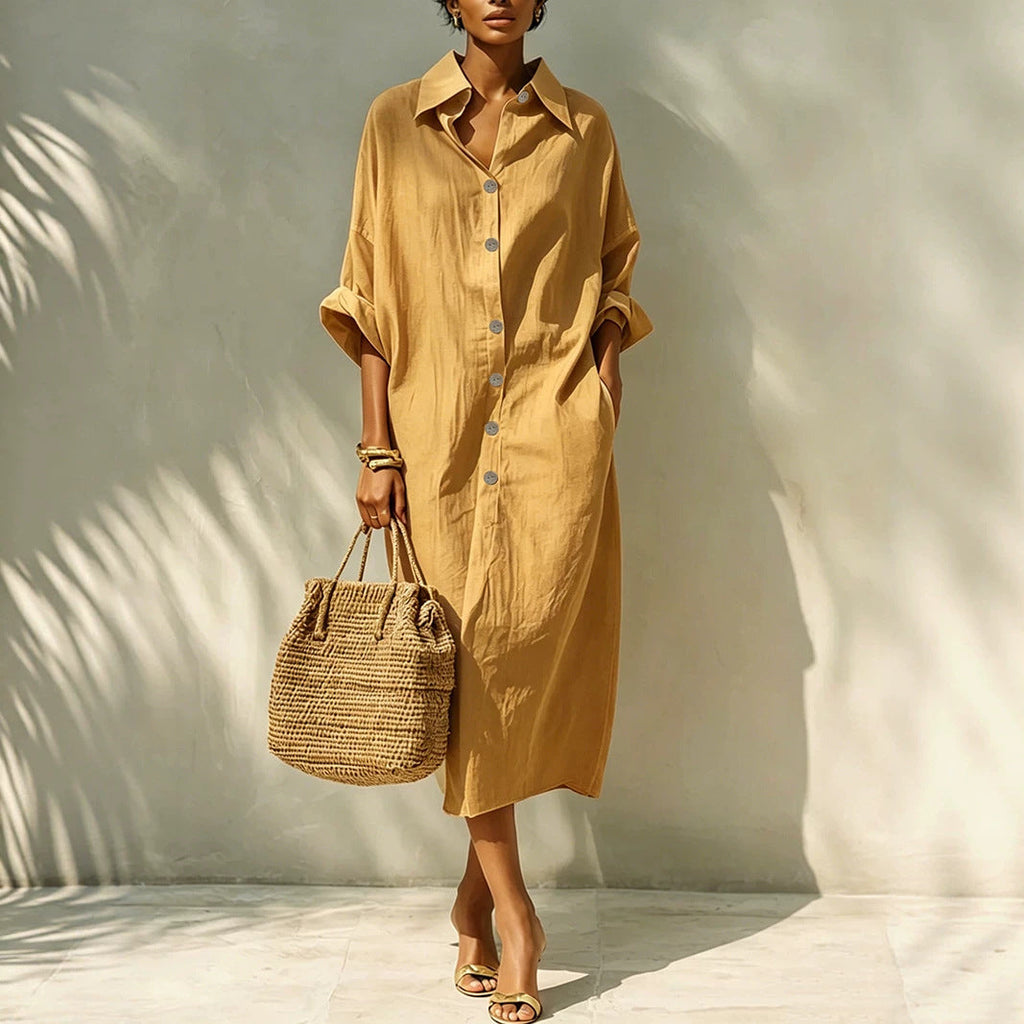 Women Clothing Arrival Loose Solid Color Single Breasted Collared Design Long Sleeve Dress