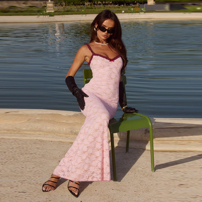 Women Lace Sling Maxi Dress Sexy Slim Lace Stitching Adult Lady Dress