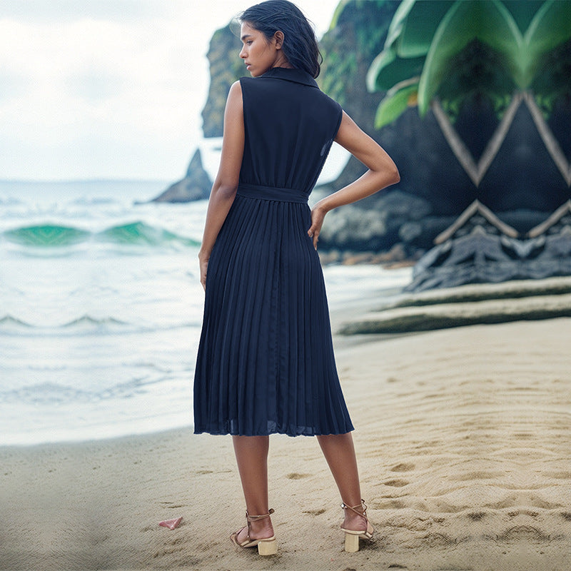 Summer Dress Sleeveless Solid Color Beach Dress