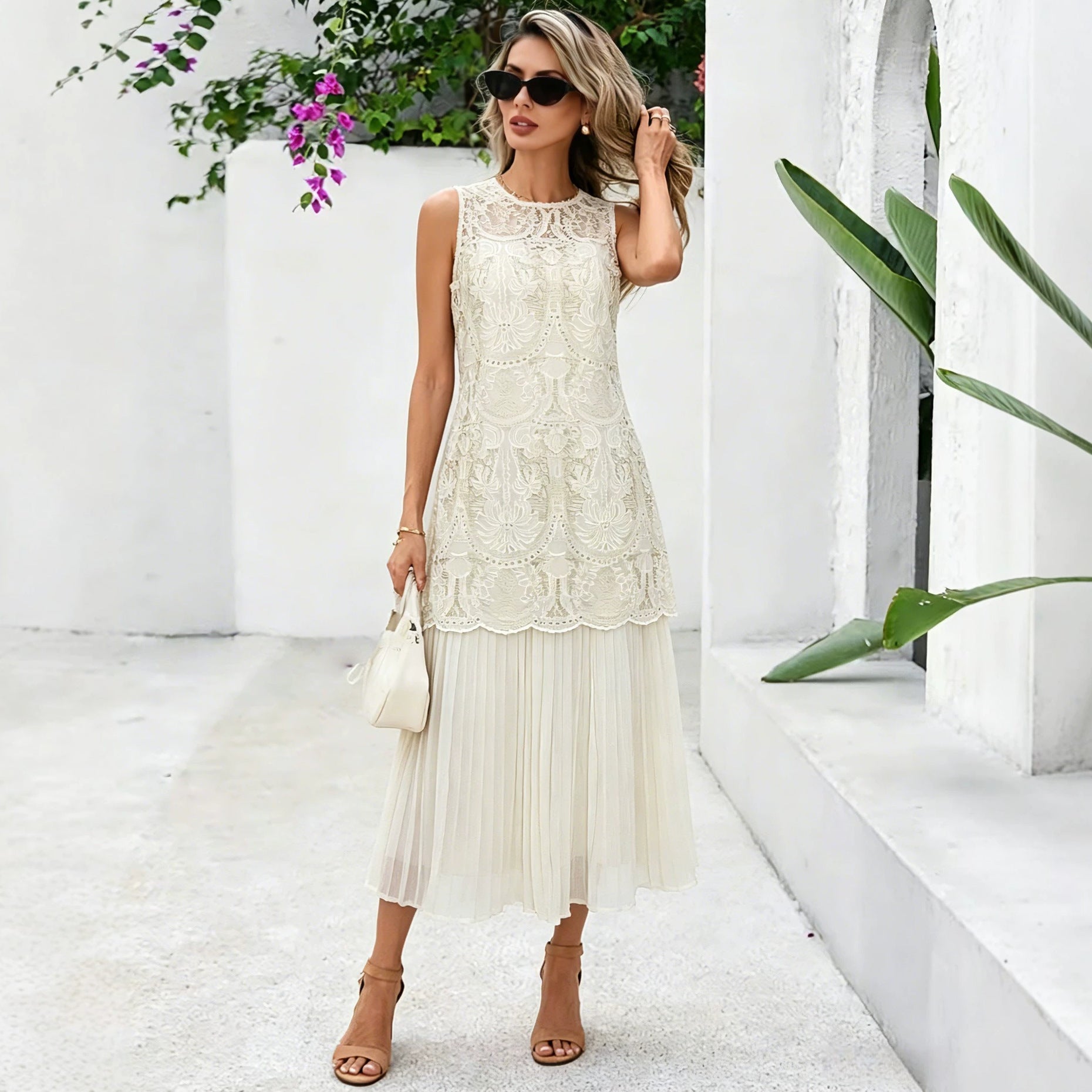 French Heavy Industry Jacquard Embroidery Faux Two Piece Sleeveless Dress Women Niche Design Pleated Midi Dress Summer