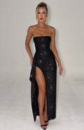 Spring Summer Socialite Elegant Sexy Slim Fit Shiny Tube Top Split Dress for Women