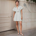 Holiday Striped Lace up Dress Polo Collar Casual Short Sleeve Cross Hollow Out Cutout Short Dress