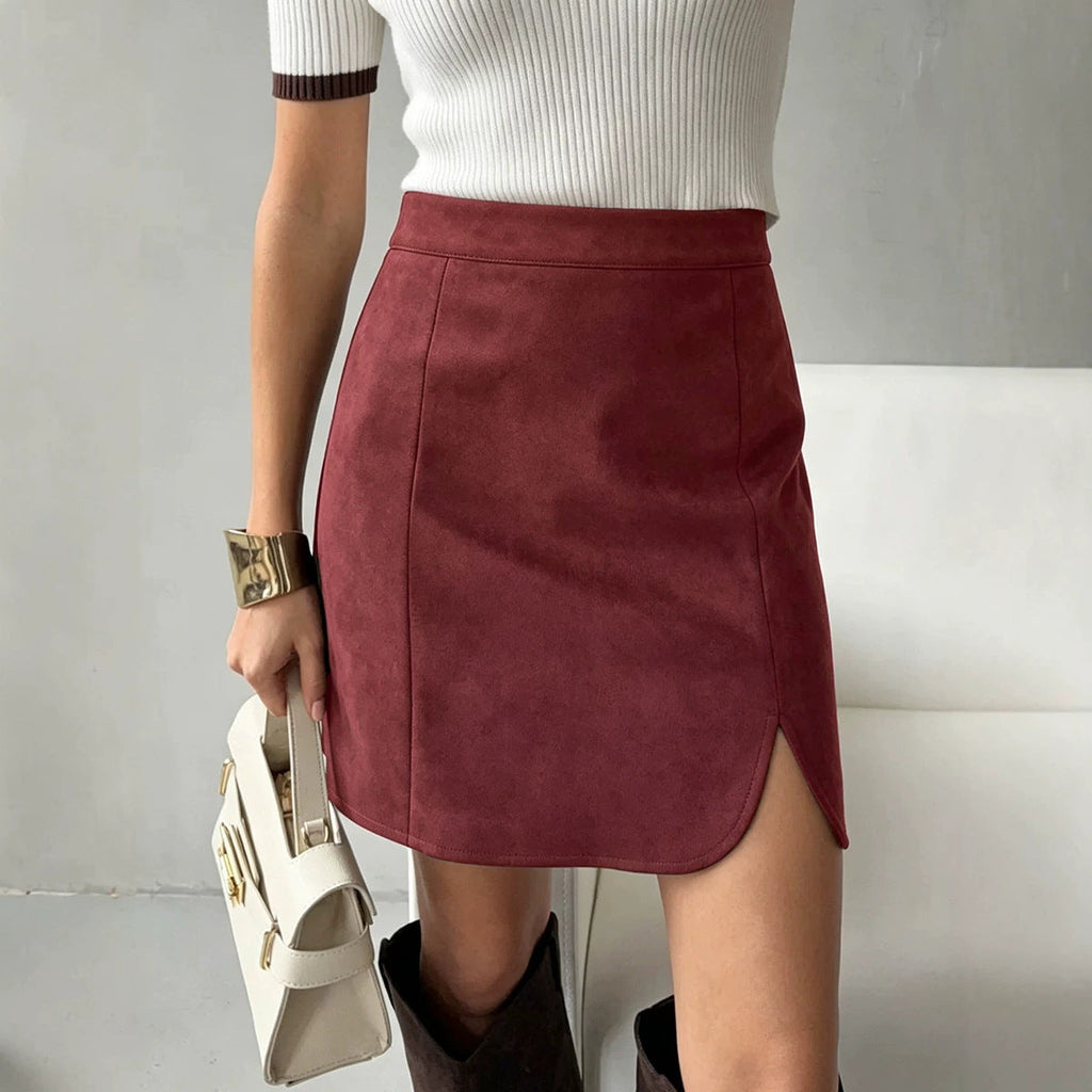 Autumn Winter Women Clothing Suede Skirt High Waist Zipper Solid Color Sheath Split Skirt