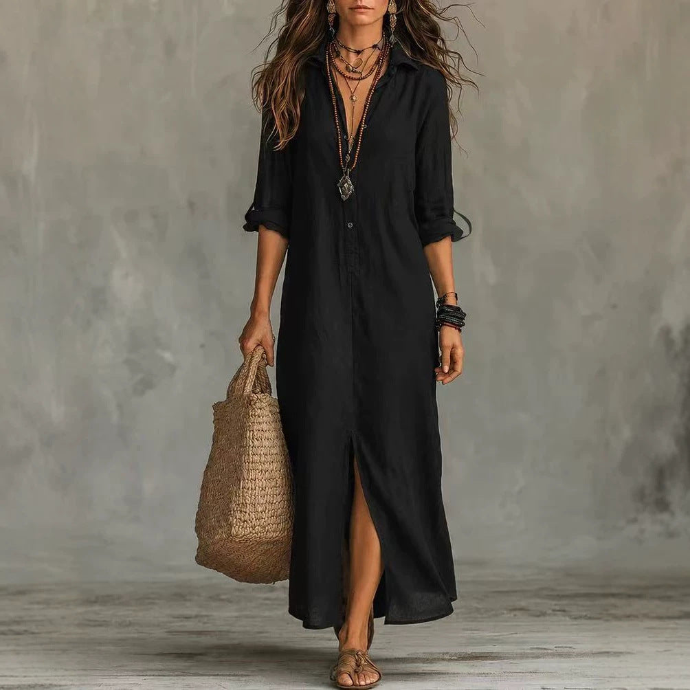 Women Elegant Button Collared Slit Elegant Dress