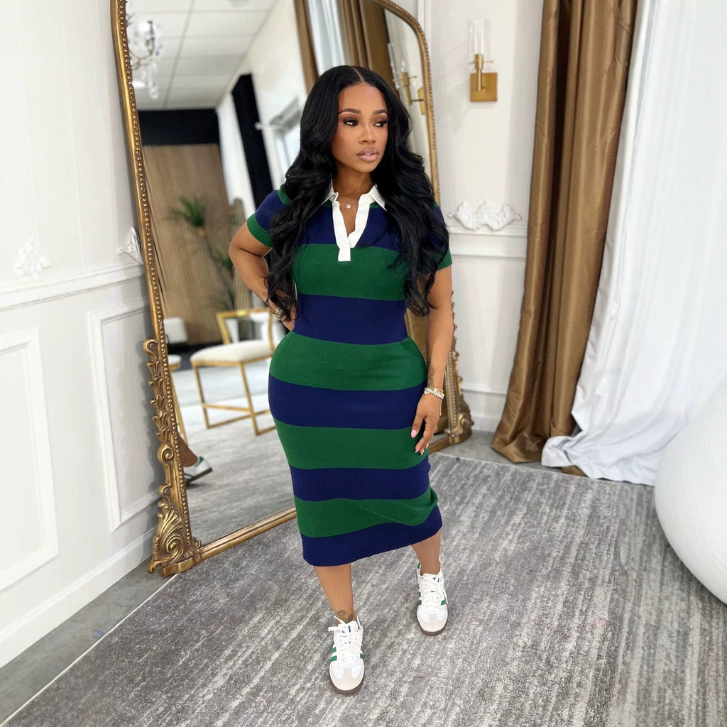 Women Clothing Spring Summer Polo Collar Contrast Color Slim Fit Split Dress