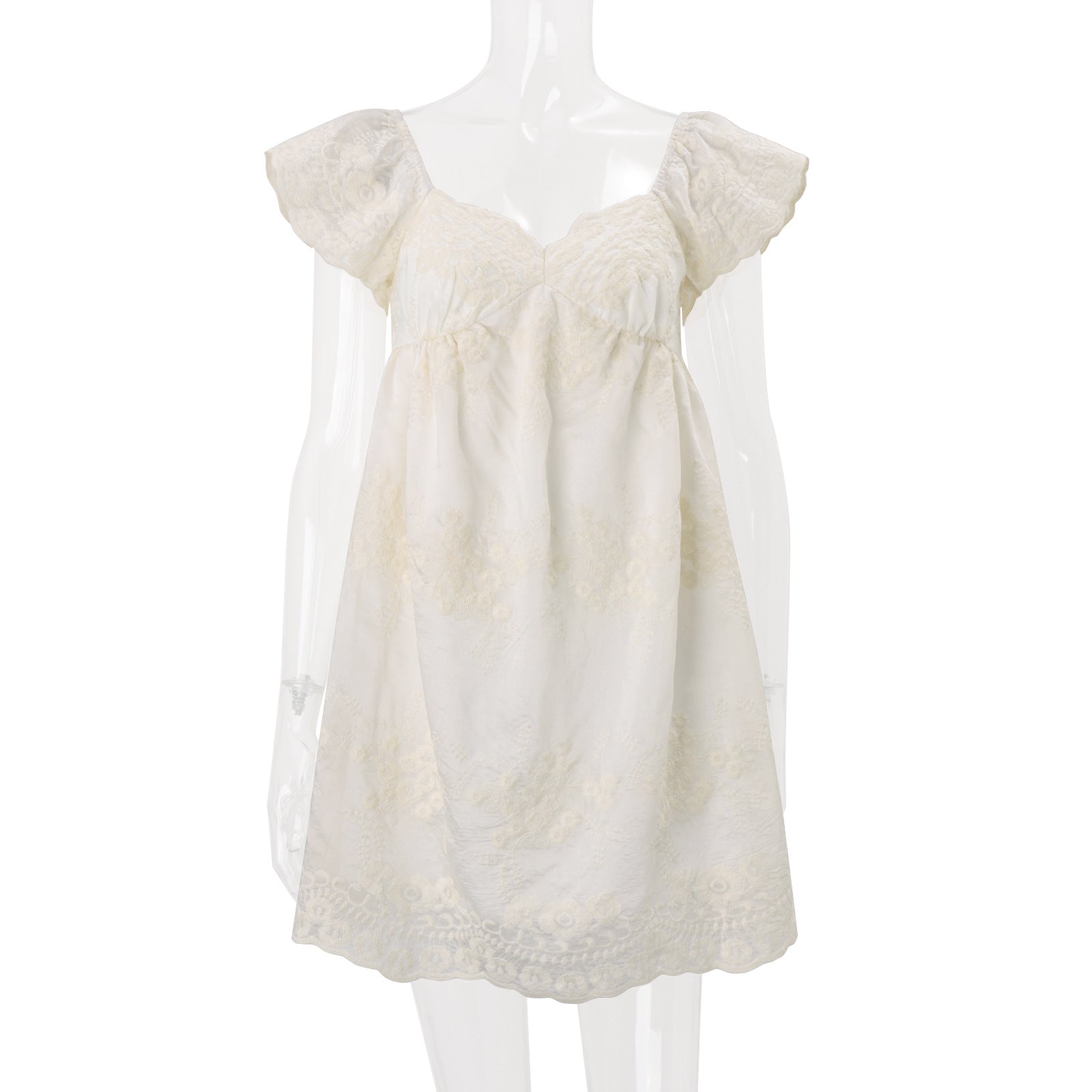 Women Clothing Summer Lace Embroidered Loose Puff Sleeves Sweet Elegance Dress