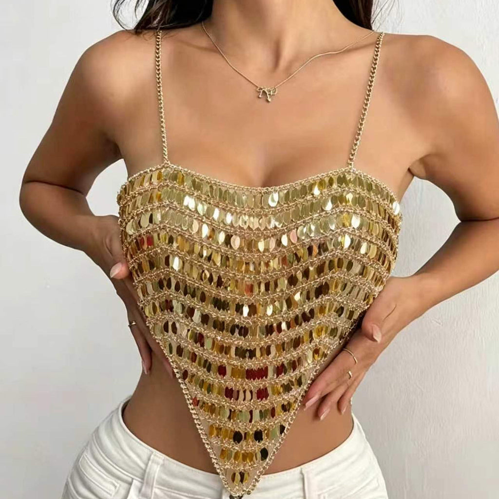 Women Clothing Sexy Love Sequin Tube Top Lace up Top Strap Sexy
