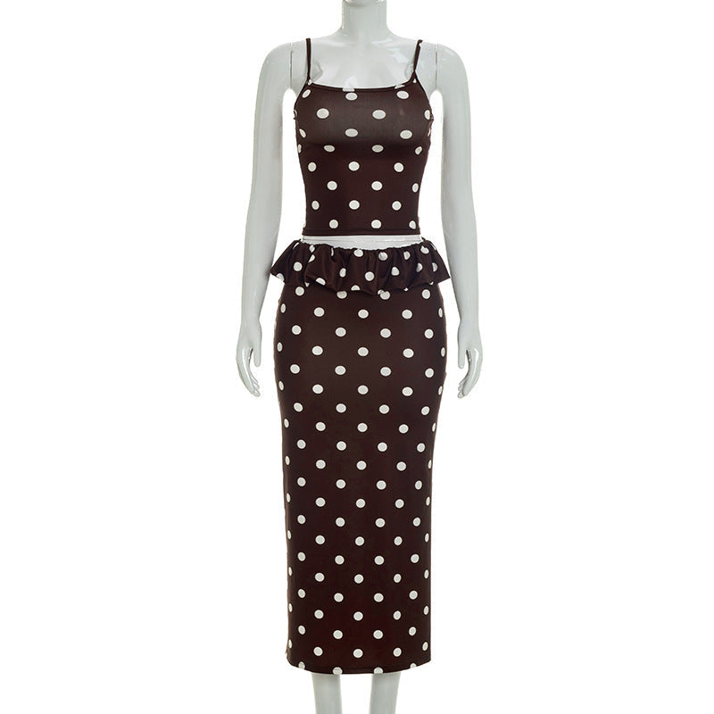 Women Clothing Summer Sexy Polka Dot Brace Split Lace Skirt Casual Two Piece Sets