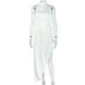 Solid Color Tight Women High Collar Slimming Asymmetric Dress Design Sleeveless Simple Backless Maxi Dress