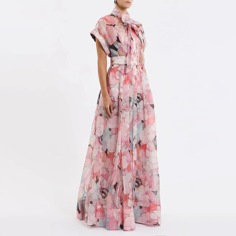 Seaside Vacation Maxi Dress for Women Bow Tie Lace up Waist Maxi Dress