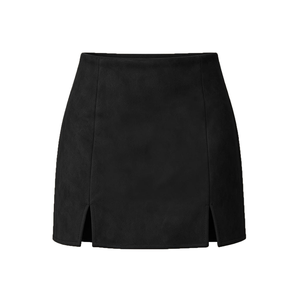 Women Clothing Suede Double Slit Pantskirt Solid Color Zipper Short Pantskirt Women