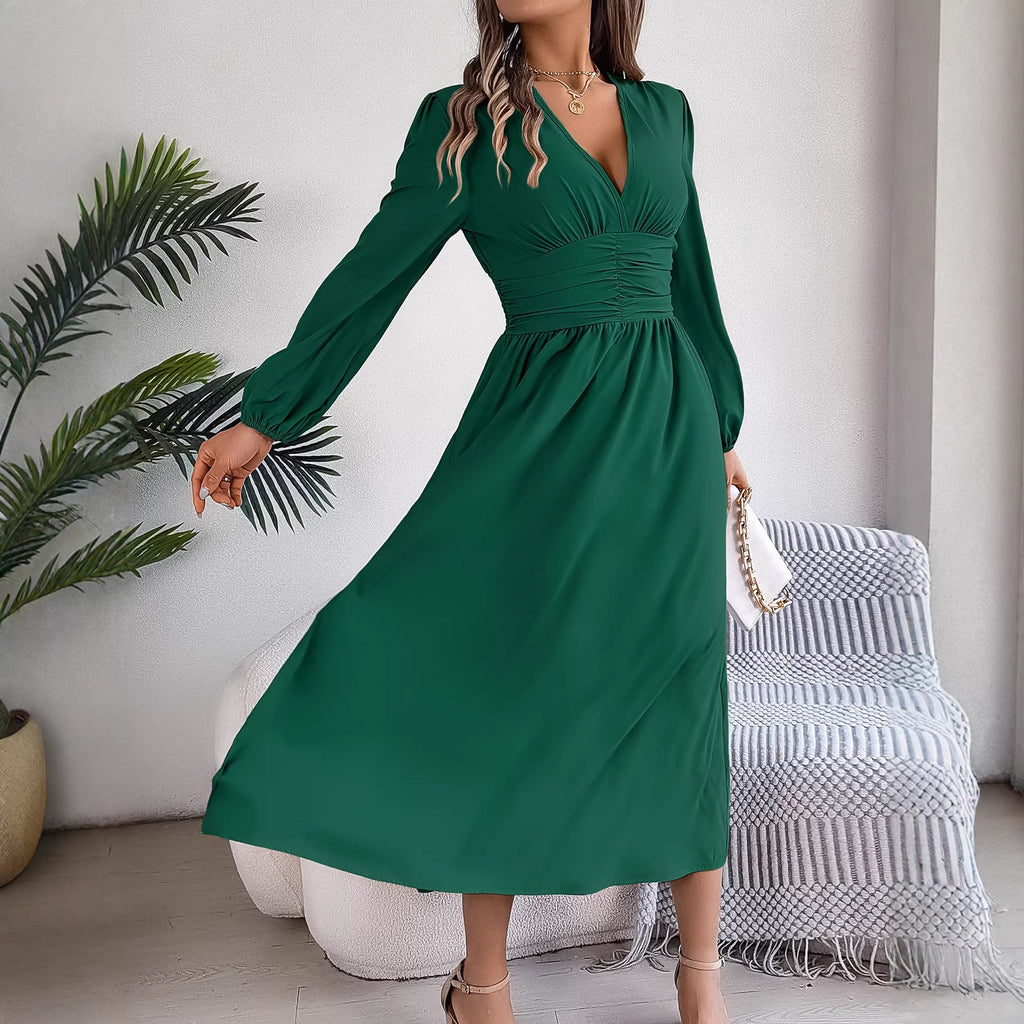 Women Clothing Spring Summer Solid Color V neck Long Sleeve Sexy Slit Dress