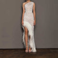 Spring Summer Women Clothing Solid Color Sleeveless Irregular Asymmetric Diagonal Collar Mesh Evening Maxi Dress