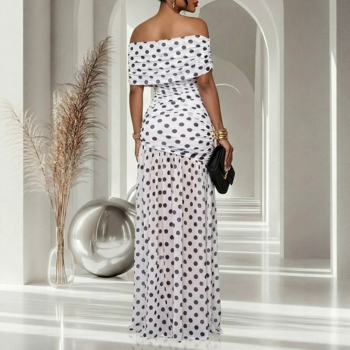 Women Dress Polka Dot Split Patchwork Cold Shoulder Cocktail Sheath Dress