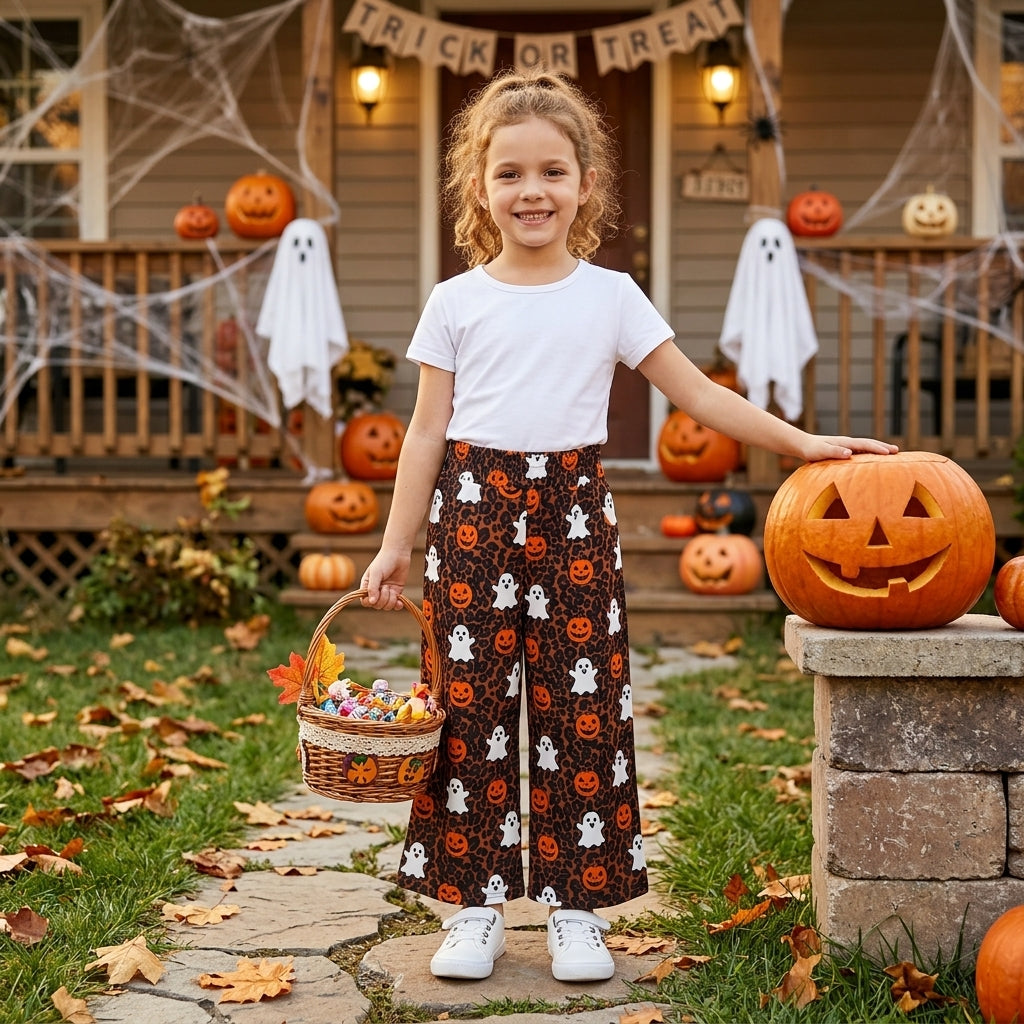 Leopard ghost pumpkin kids girls Halloween pants