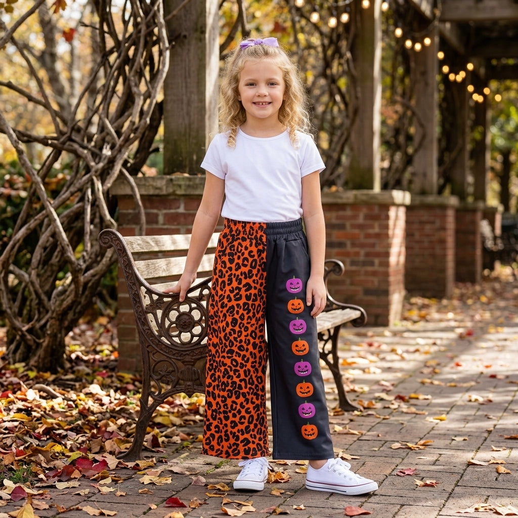 Leopard pumpkin kids girls Halloween pants