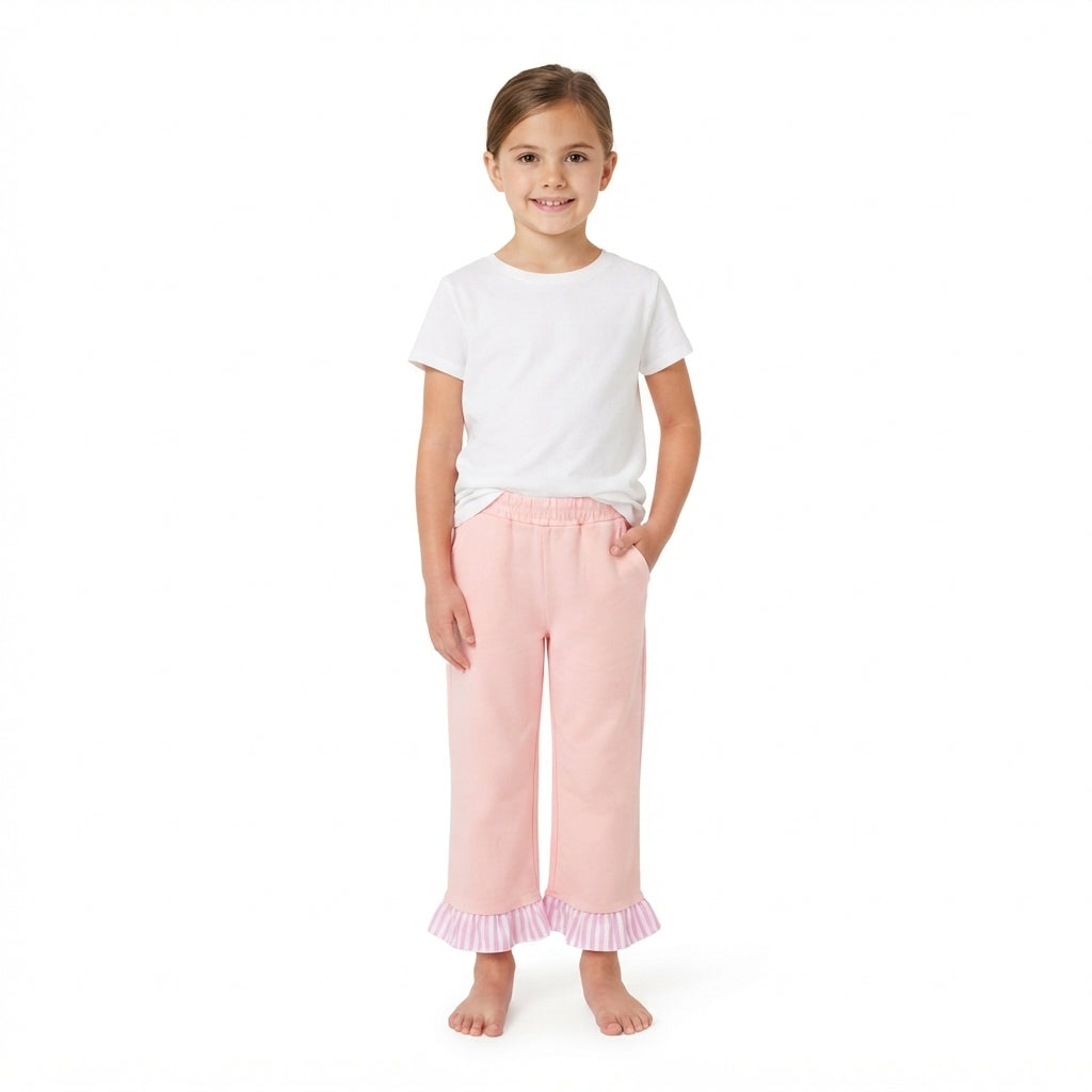 Pink stripe ruffle cotton pockets kids girls pants