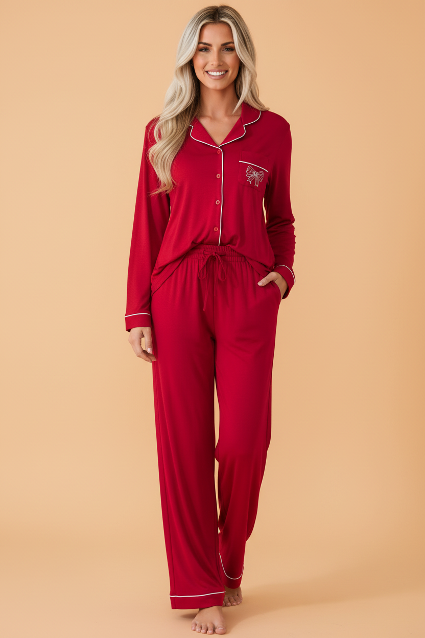 Bow Embroidered Buttoned Shirt & Pants Pajama Set