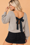 Leopard Bow Back Ribbed Knit Long Sleeve Top