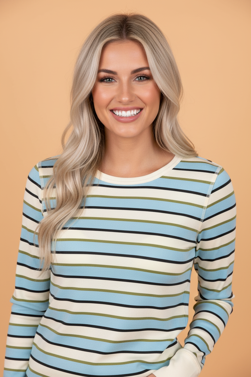 Stripe Round Neck Ribbed Knit Long Sleeve Top