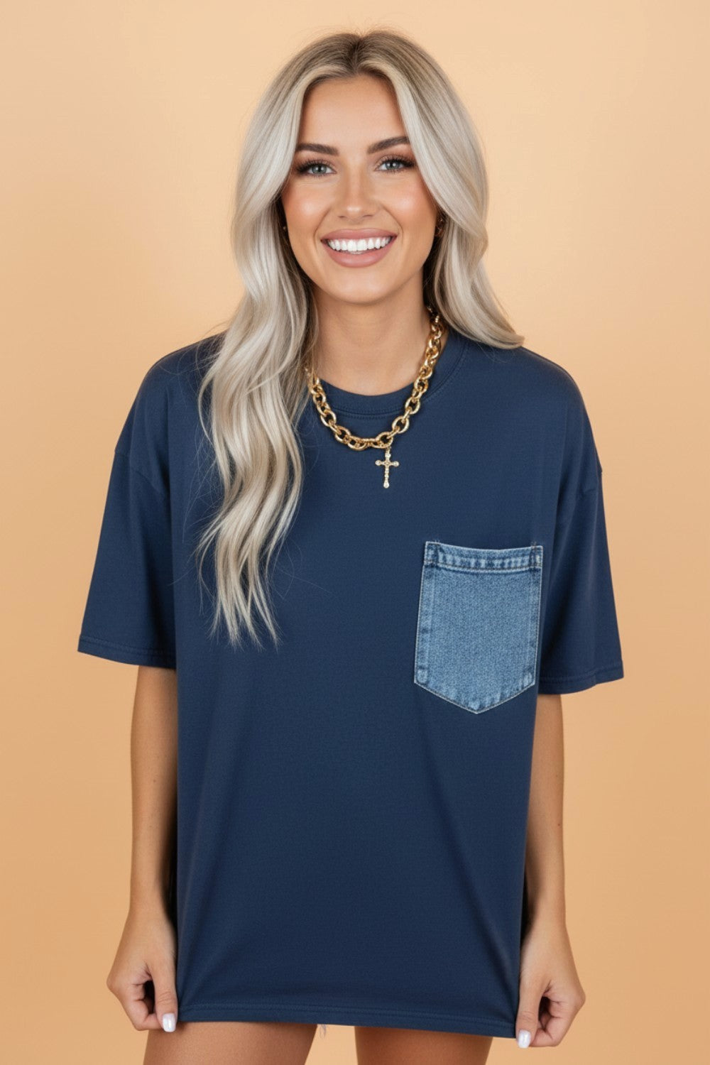 Colorblock Chest Pocket Patch Short Sleeve Top