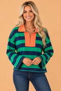 Stripe Quarter-Zip Exposed Seam Long Sleeve Top