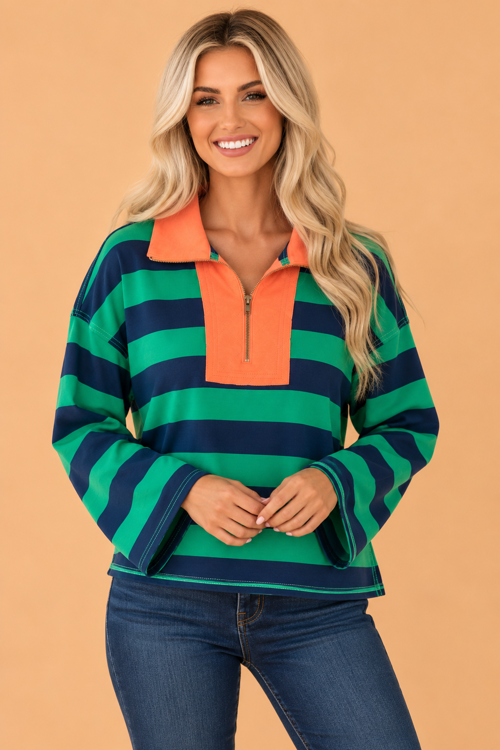 Stripe Quarter-Zip Exposed Seam Long Sleeve Top
