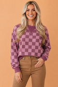 Checker Corded Knit Trim Long Sleeve Top