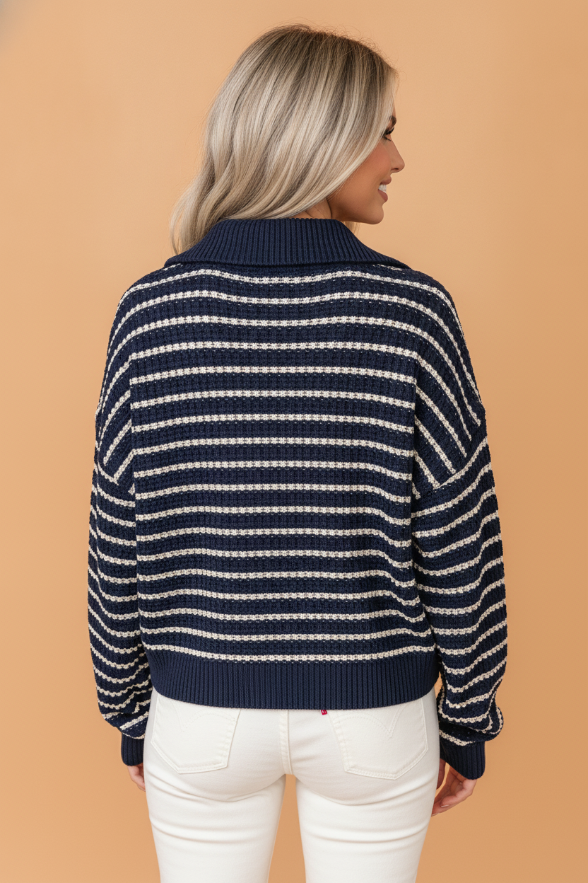 Stripe Half Zip Collared Long Sleeve Textured Knit Top