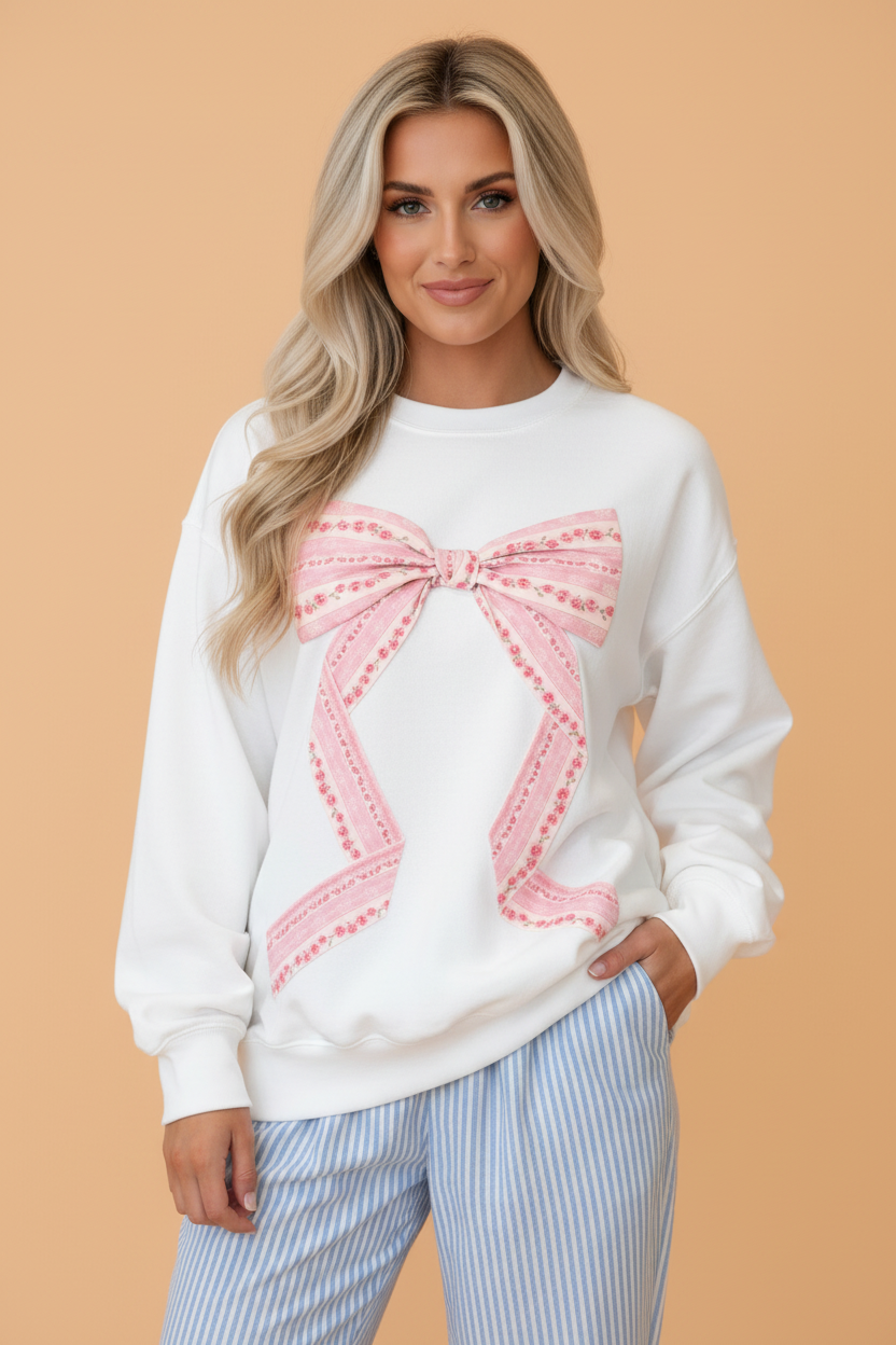 Floral Bow Drop Shoulder Long Sleeve Top