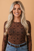 Western Semi Sheer Mesh Long Sleeve Top