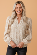 Floral Textured V-Neck Long Sleeve Blouse