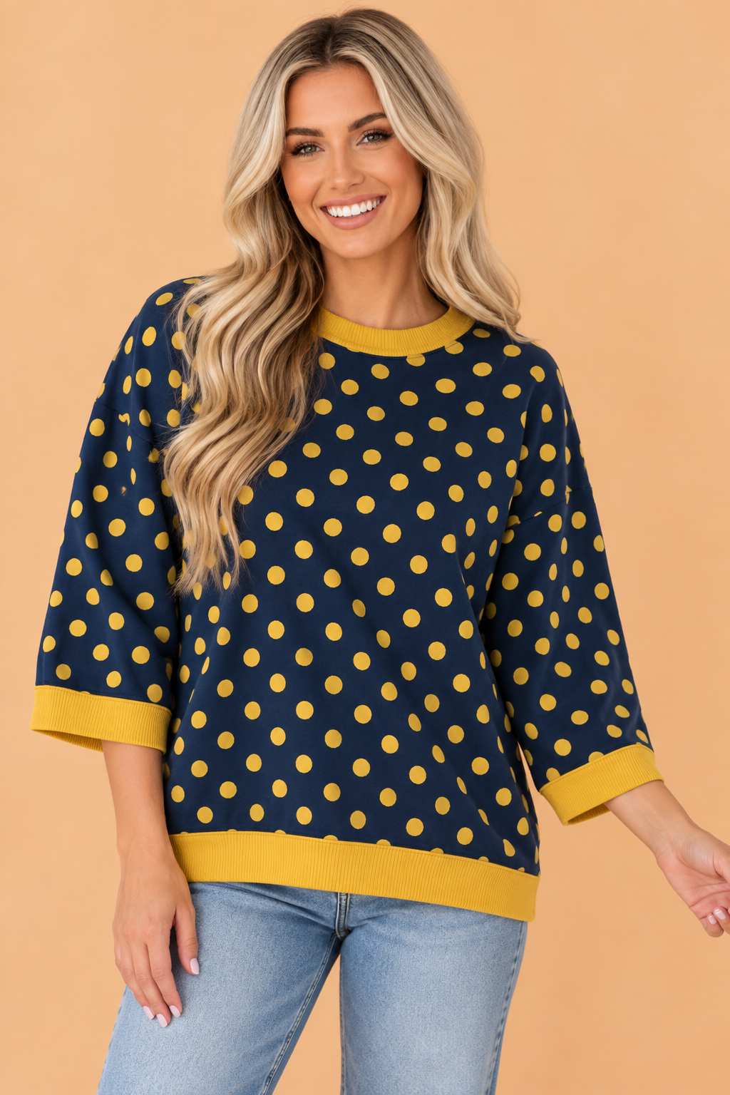 Polka Dot Contrast Trim 3/4 Sleeve Top