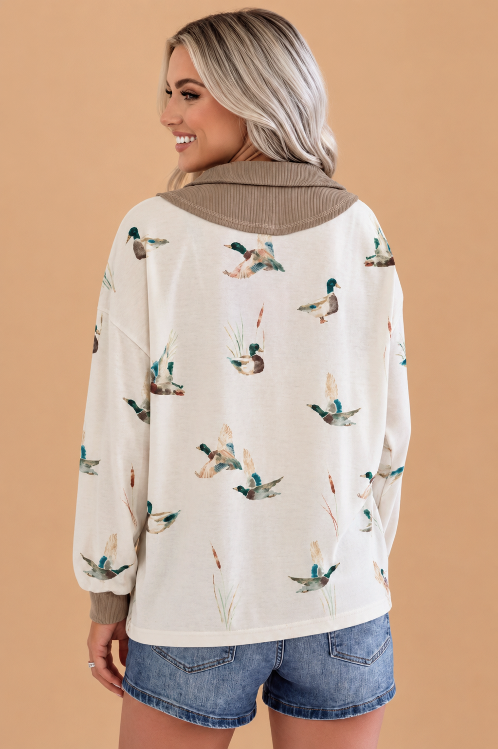 Mallard Ribbed Patchwork Zip Neck Long Sleeve Top