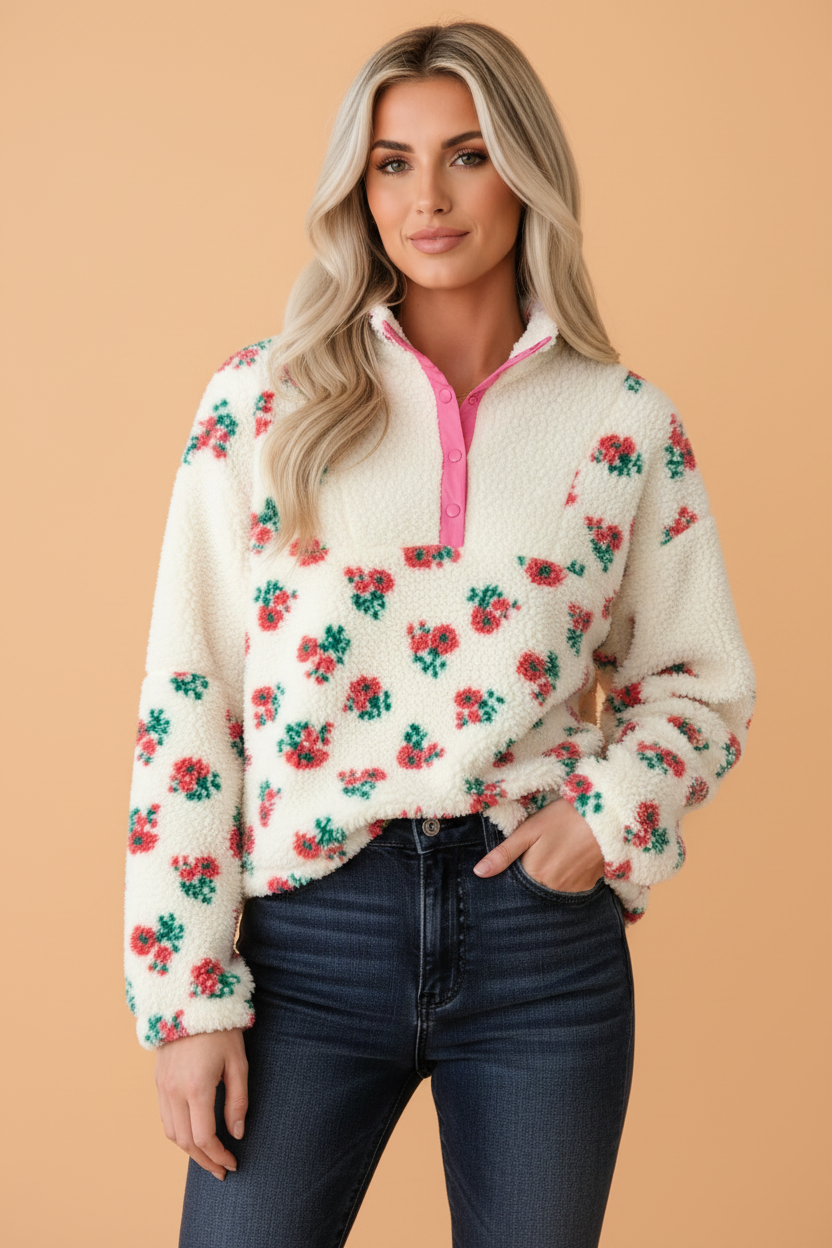 Floral Fleece Contrast Trim Half Button Sweatshirt