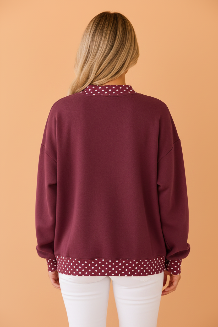 Polka Dot Contrast Trim Mock Neck Sweatshirt