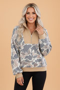 Camo Colorblock Zip Up Stand Neck Sweatshirt
