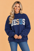 JESUS Letter Print Exposed Seam Mock Neck Sweatshirt