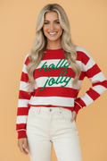Christmas HOLLY JOLLY Embroidered Stripe Sweatshirt
