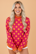 Polka Dot Stripe Trim Mock Neck Sweatshirt