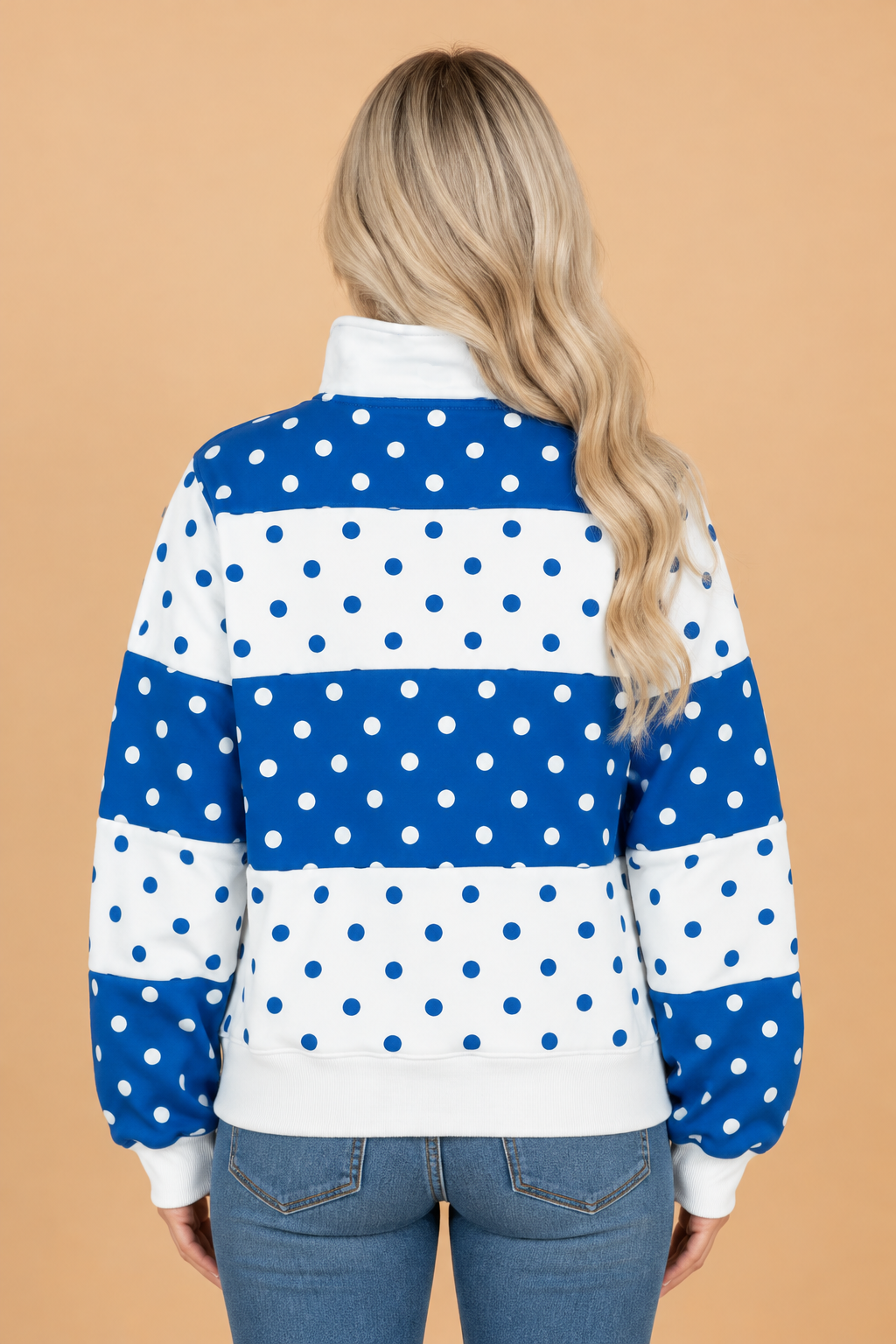 Polka Dot Colorblock Half Button Puff Sleeve Sweatshirt