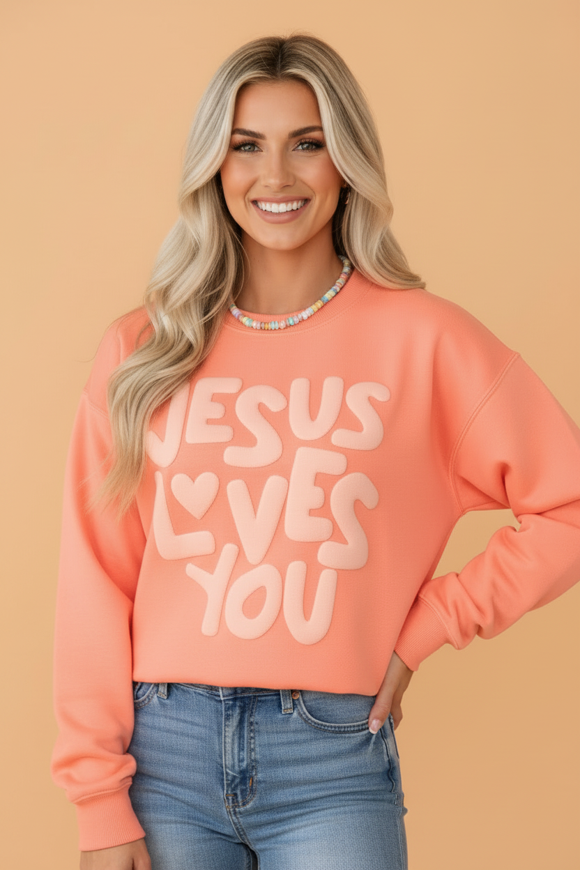 JESUS LOVES YOU Puff Letter Print Sweatshirt