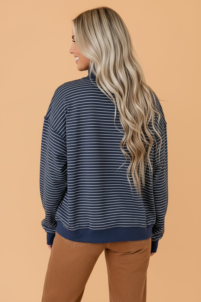 Stripe Ribbed Mock Neck Oversized Sweatshirt