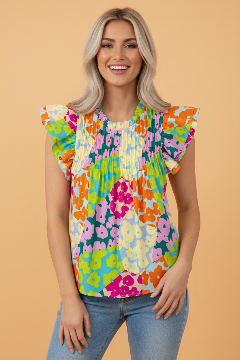 Abstract Leopard Pleated Flutter Sleeve Blouse