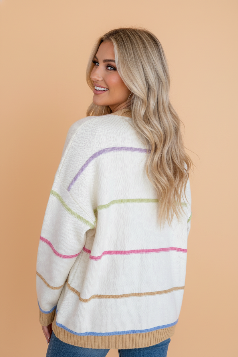 Stripe Colorblock Open Front Pocket Cardigan