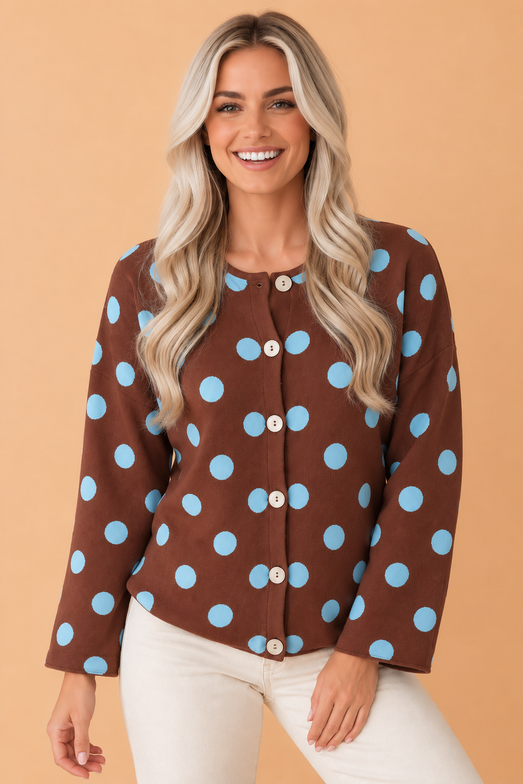 Polka Dot Drop Shoulder Button Down Cardigan