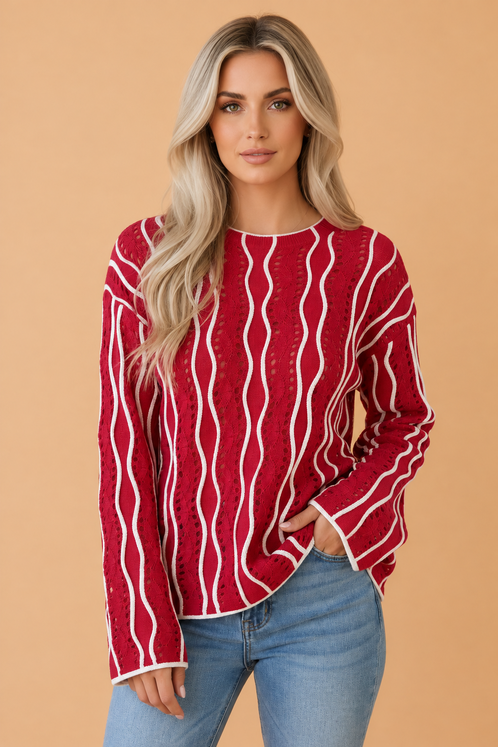Wavy Stripe Pointelle Knit Long Sleeve Sweater