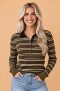 Stripe Ribbed Knit Buttoned Polo Collar Sweater