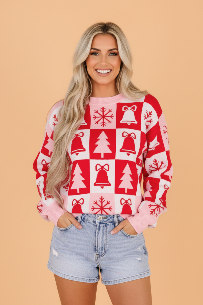 Christmas Checker Round Neck Long Sleeve Sweater
