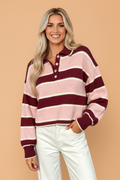 Stripe Polo Collar Ribbed Cuff Knit Sweater